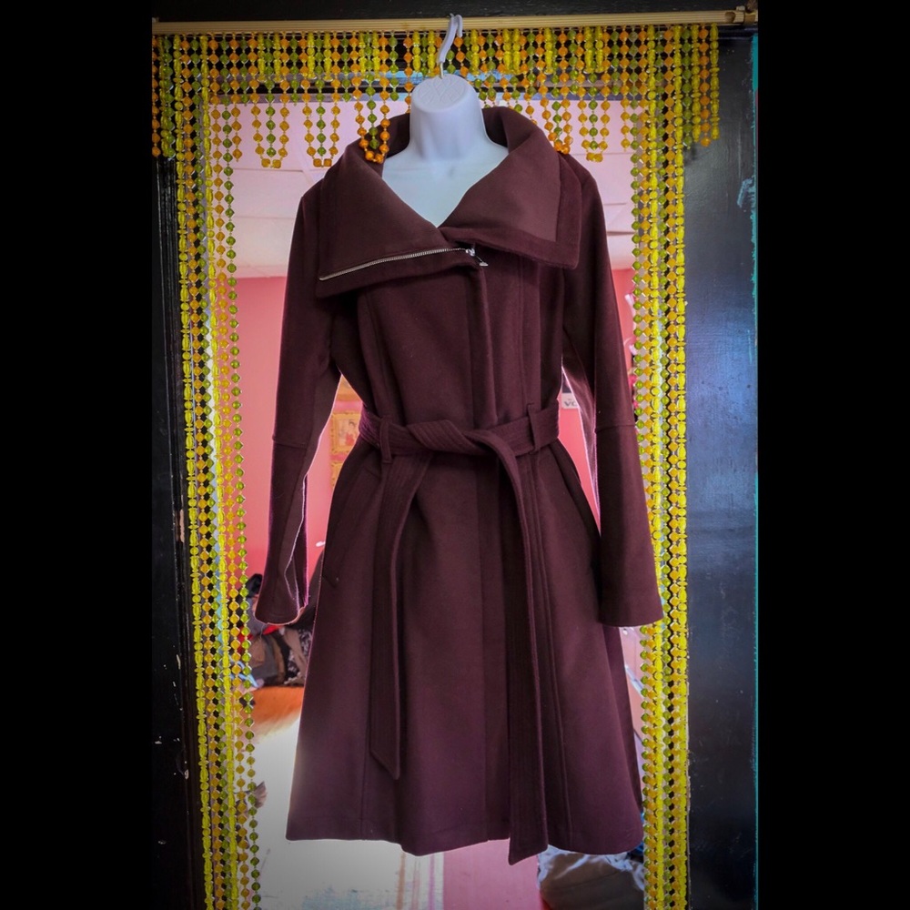 BCBGeneration A-line belted burgundy wool coat